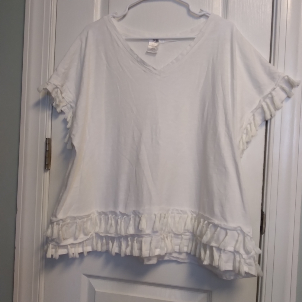 White Tassel Hem & Sleeve V-Neck Top Flirty Beachy See Measurements